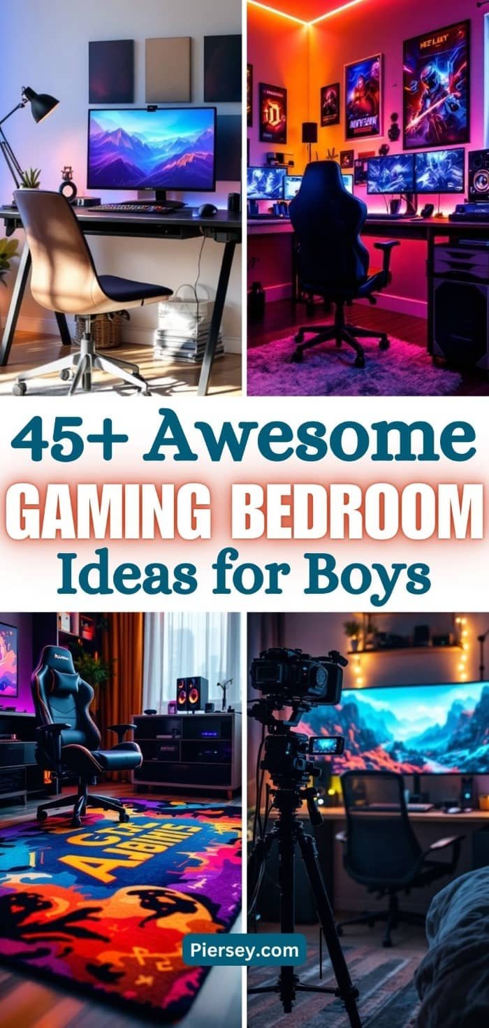 Four stylish gaming bedrooms are showcased with colorful lighting and high-end gaming setups. The text reads, "45+ Awesome Gaming Bedroom Ideas for Boys."