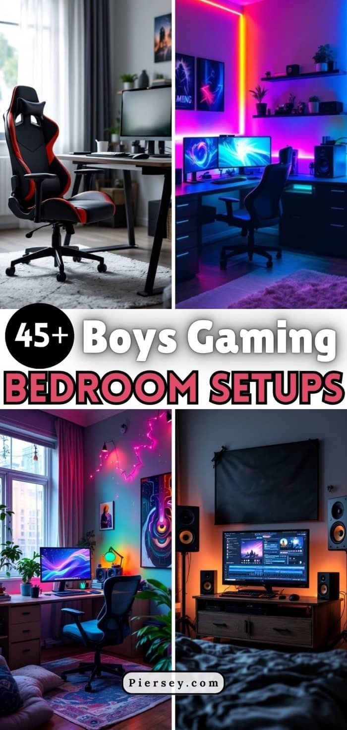 Collage of four gaming bedroom setups featuring colorful LED lights, gaming chairs, and monitors. The rooms convey a modern, tech-focused ambiance. Text reads 45+ Boys Gaming Bedroom Setups