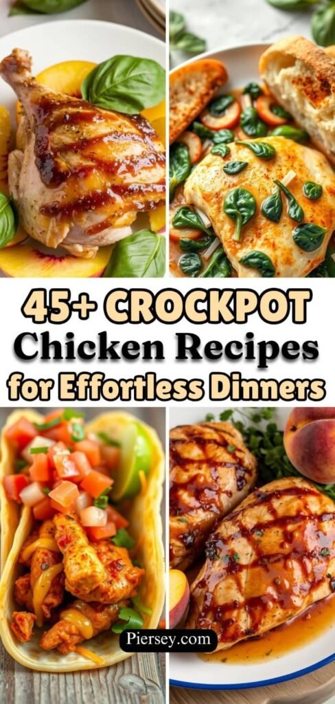 Collage of crockpot chicken dishes featuring glazed chicken with basil, spinach-topped chicken, taco with diced tomatoes, and saucy grilled chicken. Text reads: "45+ Crockpot Chicken Recipes for Effortless Dinners."