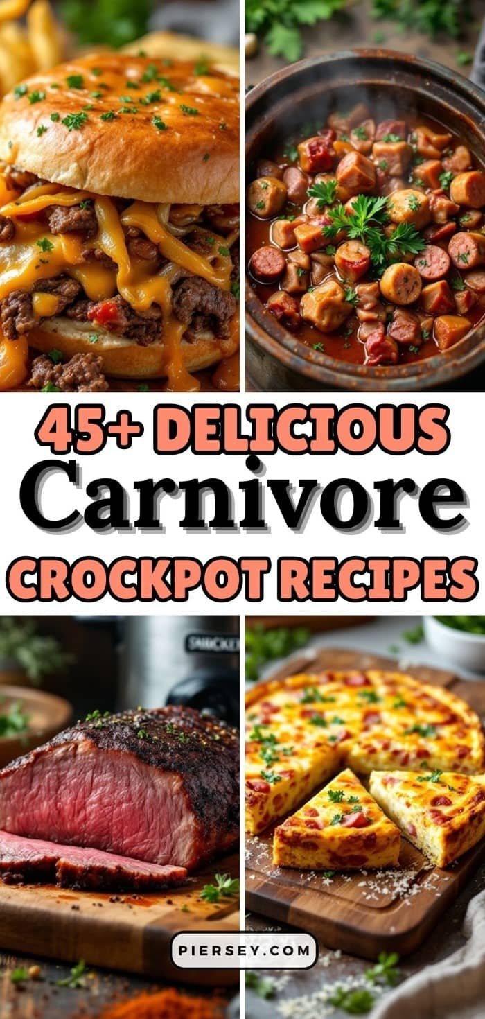 Collage of appetizing carnivore recipes: cheesy burger, sausage stew, juicy steak, and sliced quiche. Text reads "45+ Delicious Carnivore Crockpot Recipes."