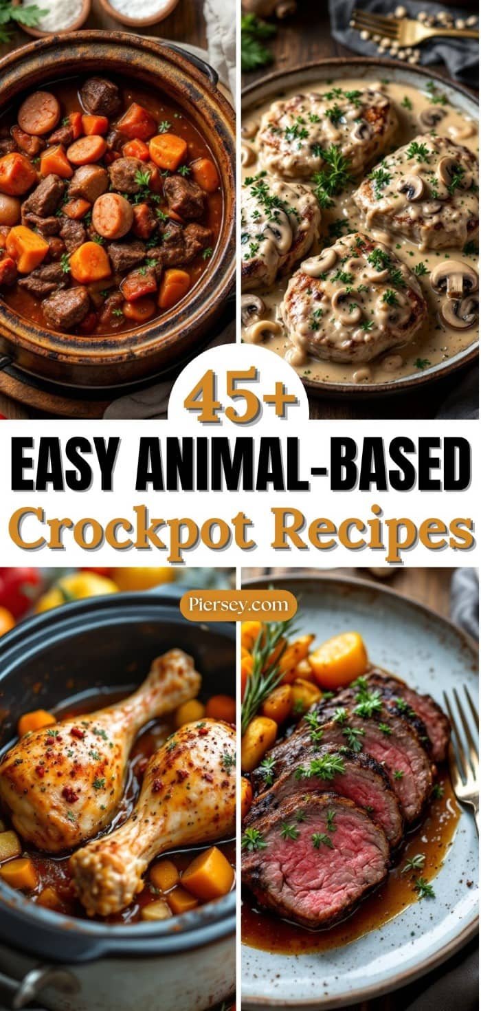 Collage of four crockpot dishes: beef stew, creamy mushroom pork chops, spiced chicken legs, and sliced roast beef. Text reads “45+ Easy Animal-Based Crockpot Recipes.”