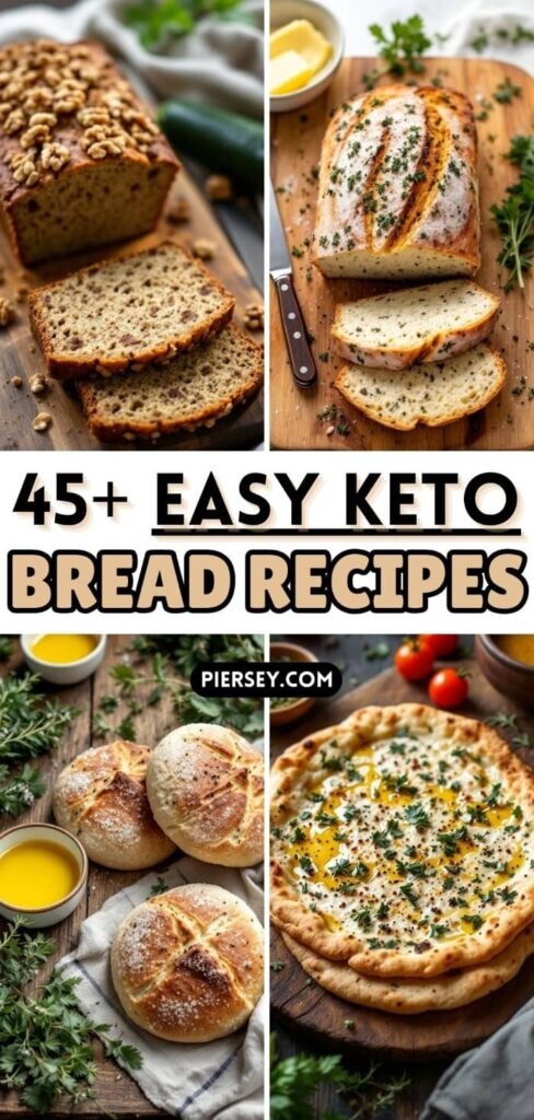 A collage of various keto breads, including a nut-topped loaf, sliced herbs bread, crusty rolls, and a flatbread with herbs and oil. Text reads "45+ Easy Keto Bread Recipes."