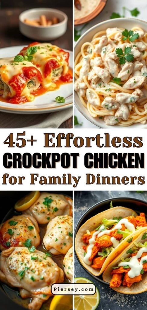 Collage of crockpot chicken dishes: stuffed shells covered in sauce, creamy pasta, lemon herb chicken, and spicy tacos. Text overlay: "45+ Effortless Crockpot Chicken for Family Dinners."