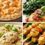 A collage of four chicken dishes: creamy chicken dip, chicken with tomato sauce and spinach, chicken in creamy sauce with herbs, and grilled skewers.