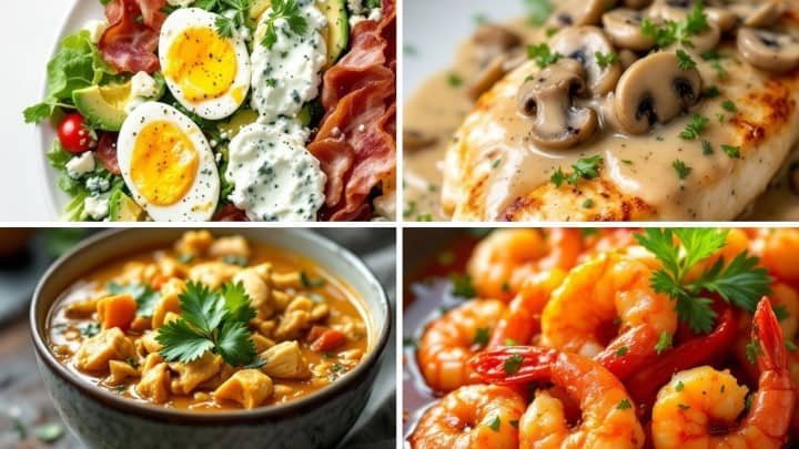 A collage of four dishes: a salad with eggs and bacon, chicken with mushroom sauce, chicken curry in a bowl, and spicy shrimp garnished with herbs.