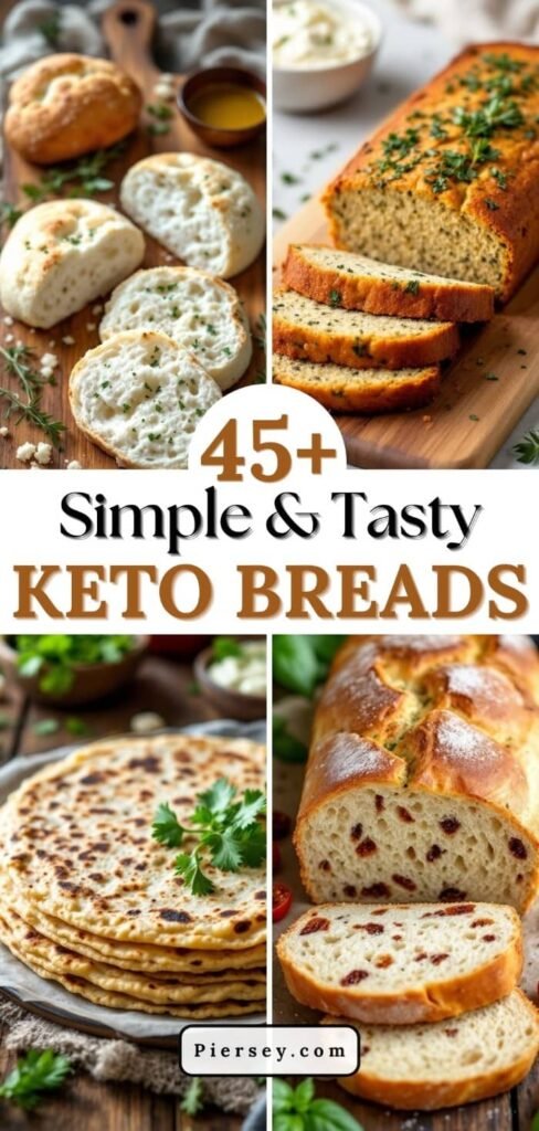 A collage of different keto breads, featuring sliced loaves and flatbreads garnished with herbs. Text reads "45+ Simple & Tasty Keto Breads."