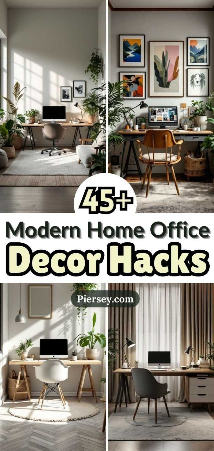 Collage of modern home office setups with minimalist desks, chairs, plants, and artwork. Text reads "45+ Modern Home Office Decor Hacks". Neutral tones.