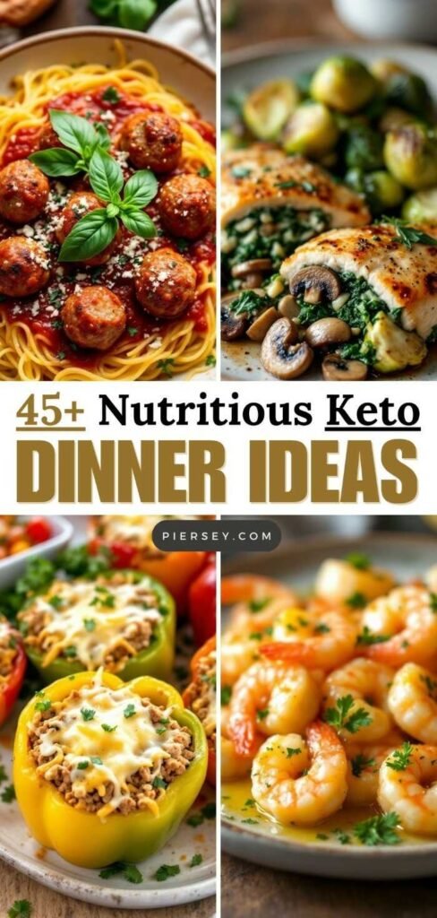 Collage of colorful keto dinners: spaghetti with meatballs, stuffed bell peppers, sautéed chicken with veggies, and a shrimp dish. Text reads "45+ Nutritious Keto Dinner Ideas."