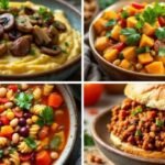 A collage of four vegan dishes: creamy polenta with mushrooms, squash curry with rice, vegetable pasta soup, and a lentil sloppy joe. Vibrant and appetizing.