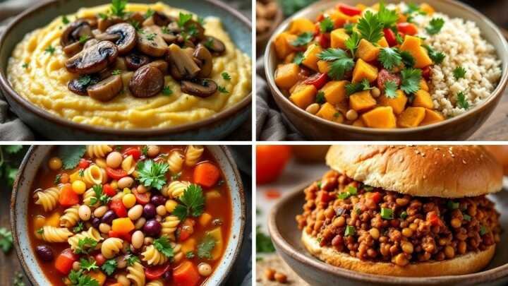 A collage of four vegan dishes: creamy polenta with mushrooms, squash curry with rice, vegetable pasta soup, and a lentil sloppy joe. Vibrant and appetizing.