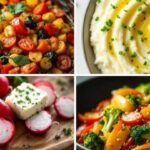 A collage of four colorful dishes: baked cherry tomatoes with olives, creamy mashed potatoes with butter, radish with feta, and vibrant stir-fried vegetables.