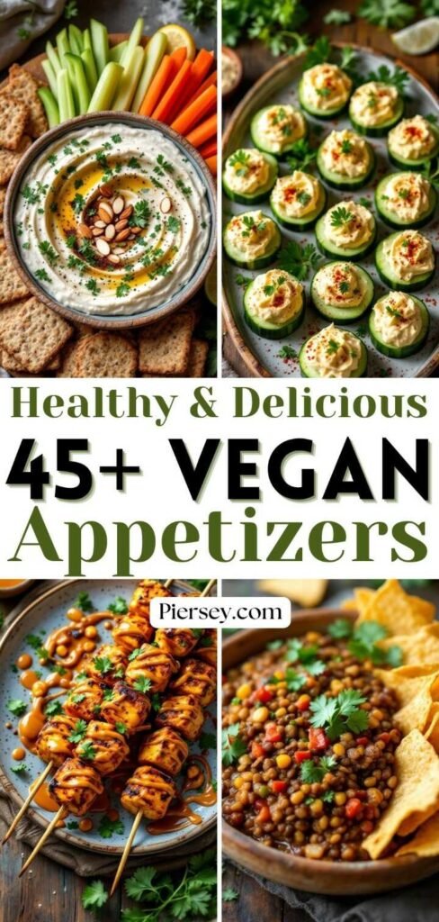 A collage of vibrant vegan appetizers: hummus with veggies and crackers, cucumber bites, grilled skewers, and lentil dip with chips. Text: "45+ Vegan Appetizers."