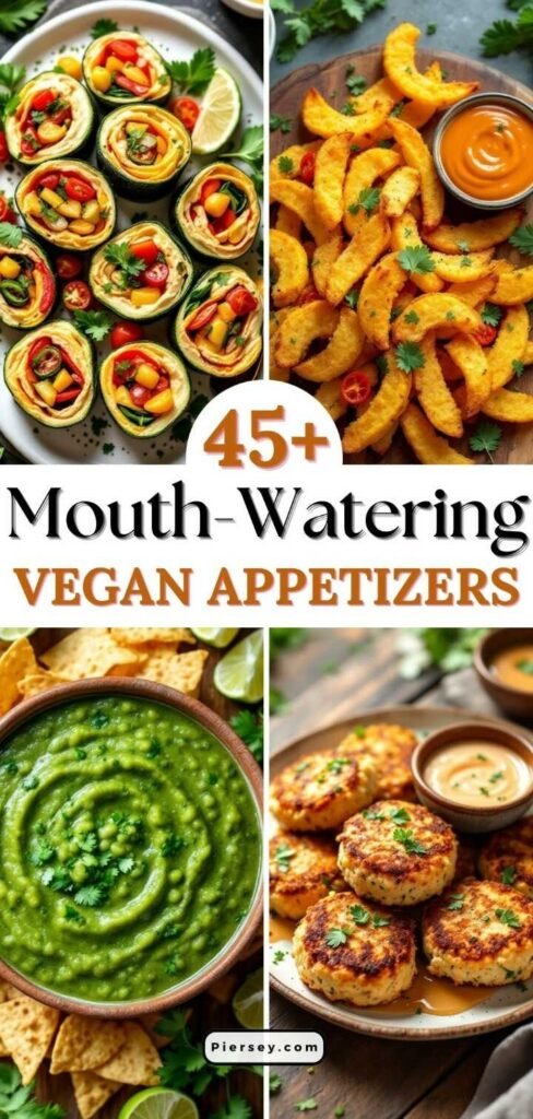 A collage of colorful vegan appetizers: zucchini roll-ups, seasoned fries with dip, guacamole with tortilla chips, and crispy patties. Text reads "45+ Mouth-Watering Vegan Appetizers."