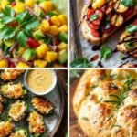 A collage of four dishes: vibrant mango salad, tomato bruschetta drizzled with balsamic, stuffed jalapeños with sauce, and rosemary bread loaf. Fresh and inviting.