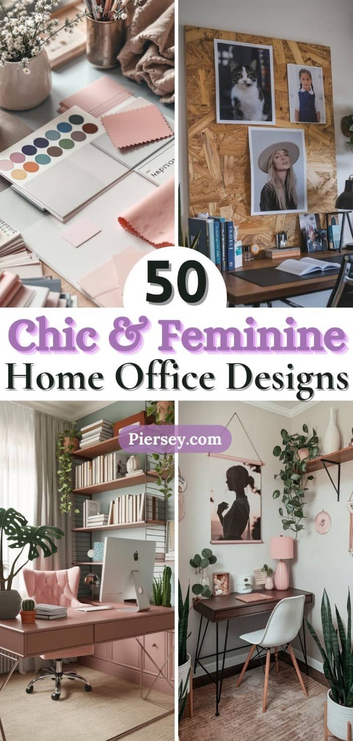 Collage of chic, feminine home office designs. Features pastel color palettes, modern furniture, lush greenery, and stylish decor. Text reads "50 Chic & Feminine Home Office Designs" with "Piersey.com."