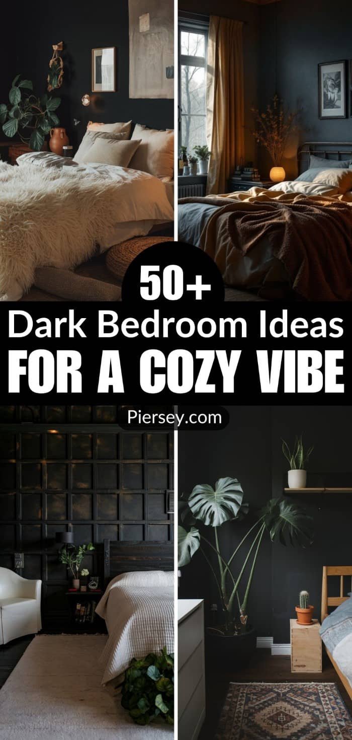 Collage of four dark, cozy bedrooms featuring plush bedding, warm lighting, and lush plants. Text overlay: "50+ Dark Bedroom Ideas for a Cozy Vibe."