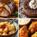 Collage of delicious foods: juicy roast beef with gravy, rich chocolate cake with whipped cream, spiced apple dessert, and crispy chicken wings.