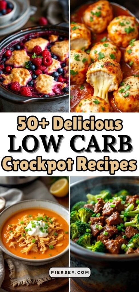 Collage of vibrant dishes: berry cobbler, cheesy meatballs, shredded chicken soup, and beef with broccoli. Text: "50+ Delicious Low Carb Crockpot Recipes."