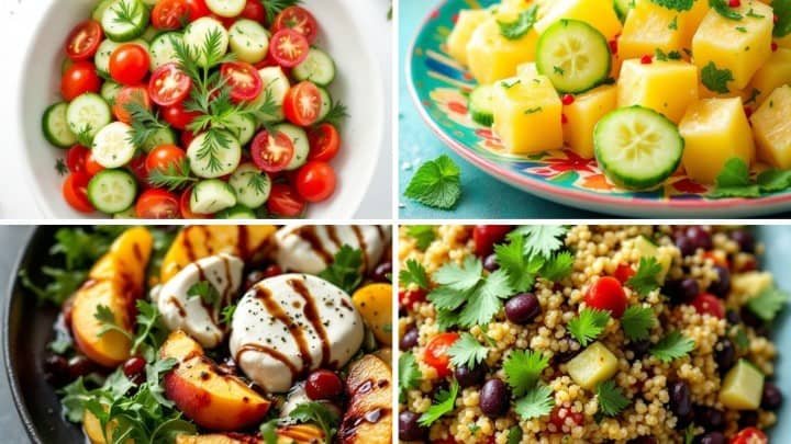 A collage of four vibrant salads: cucumber-tomato, melon with mint, peach burrata with balsamic, and couscous with cilantro. Fresh and colorful ingredients.