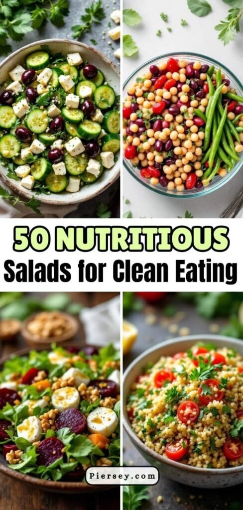 A collage of four vibrant salads showcases fresh ingredients like cucumbers, beans, feta, nuts, beets, and cherry tomatoes. Text: "50 Nutritious Salads for Clean Eating."