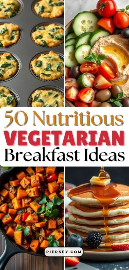 Collage of vegetarian breakfasts: spinach muffins, hummus with veggies, sweet potato hash, and pancakes with syrup. Text reads "50 Nutritious Vegetarian Breakfast Ideas."