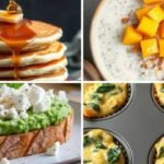 A collage of breakfast foods: pancakes with syrup, chia pudding with mango chunks, avocado toast with feta, and spinach egg muffins in a tray.