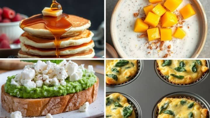 A collage of breakfast foods: pancakes with syrup, chia pudding with mango chunks, avocado toast with feta, and spinach egg muffins in a tray.