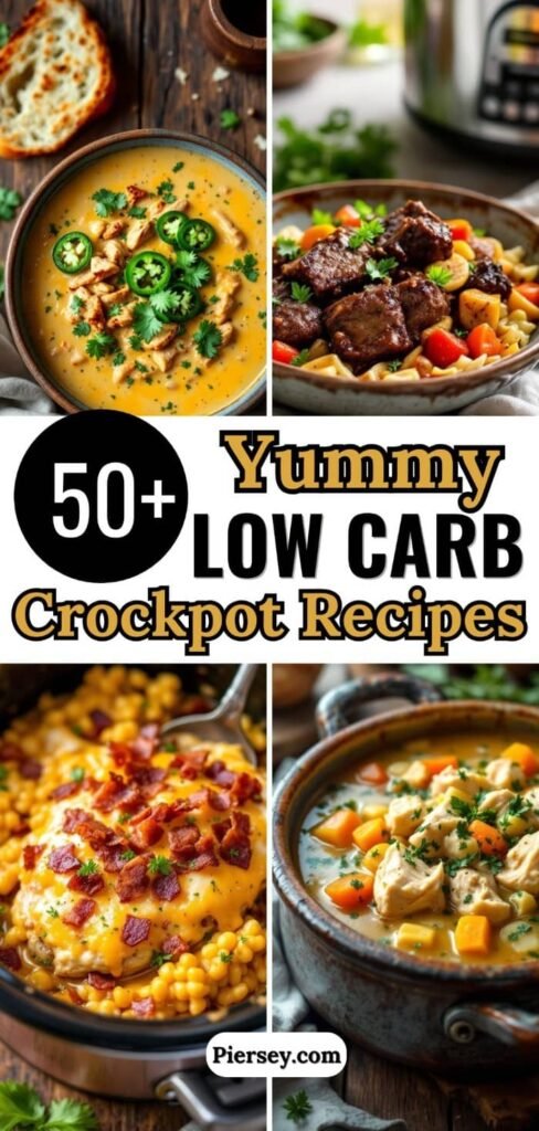 Collage of four dishes showcasing low-carb crockpot recipes. Includes a creamy soup, beef stew, cheesy bacon dish, and chicken stew. Text: "50+ Yummy Low Carb Crockpot Recipes."