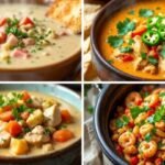 A collage of four hearty soups in bowls. Top left: creamy soup with ham and herbs. Top right: spicy chicken soup with jalapeño slices. Bottom left: chicken vegetable stew. Bottom right: shrimp and bean chili with cilantro. Each dish is colorful and inviting.