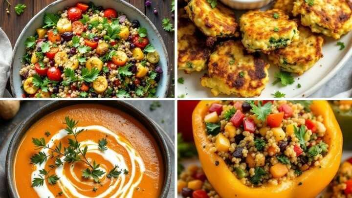 A vibrant collage of colorful dishes: quinoa salad with cherry tomatoes, zucchini fritters, orange soup with cream, and stuffed bell pepper. Fresh and appetizing.