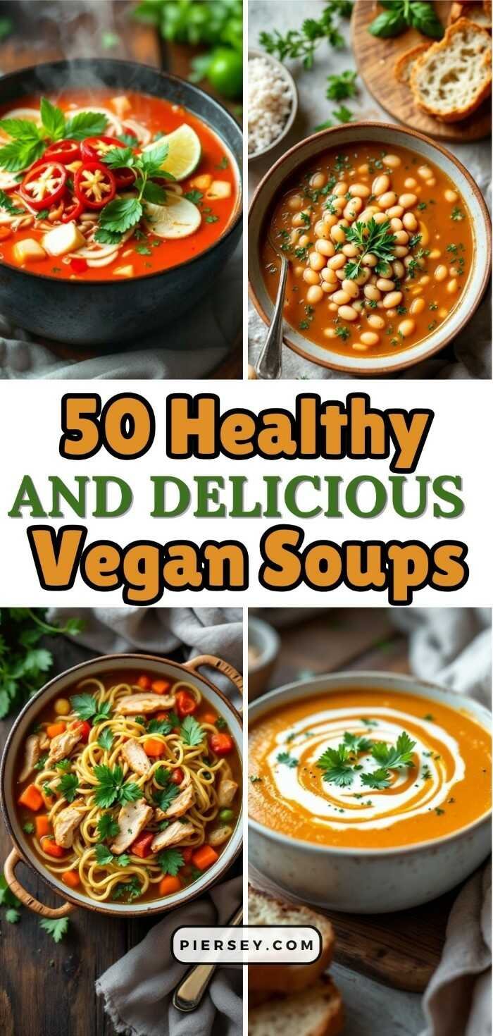 Collage of four vibrant vegan soups: tomato, bean, noodle, and creamy carrot, with fresh herbs. Text reads, "50 Healthy and Delicious Vegan Soups."