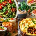 A collage of four colorful meals: zucchini noodles with cherry tomatoes, veggie wraps, sushi rolls, and shepherd’s pie topped with mashed potatoes.