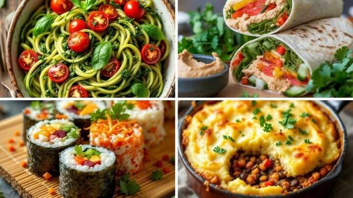 A collage of four colorful meals: zucchini noodles with cherry tomatoes, veggie wraps, sushi rolls, and shepherd’s pie topped with mashed potatoes.