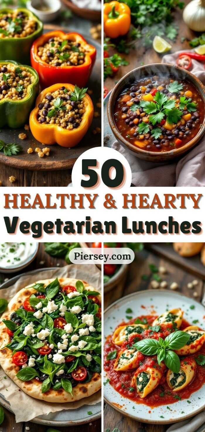 Alt text: "Collage of colorful vegetarian dishes, including stuffed peppers, bean soup, a veggie pizza, and pasta shells in tomato sauce. Title reads '50 Healthy & Hearty Vegetarian Lunches.'"