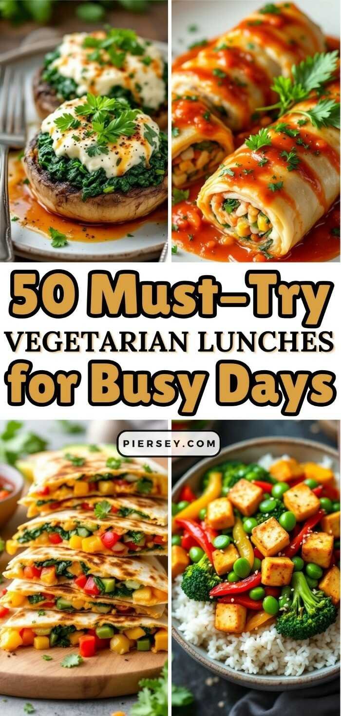 A collage of four vibrant vegetarian dishes including stuffed mushrooms, rolled pasta, quesadillas, and a tofu stir-fry. Text: "50 Must-Try Vegetarian Lunches for Busy Days."