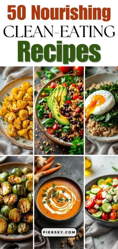 Collage of healthy dishes, including roasted cauliflower, quinoa salad, poached egg on grains, brussels sprouts, carrot soup, and cucumber tomato salad.