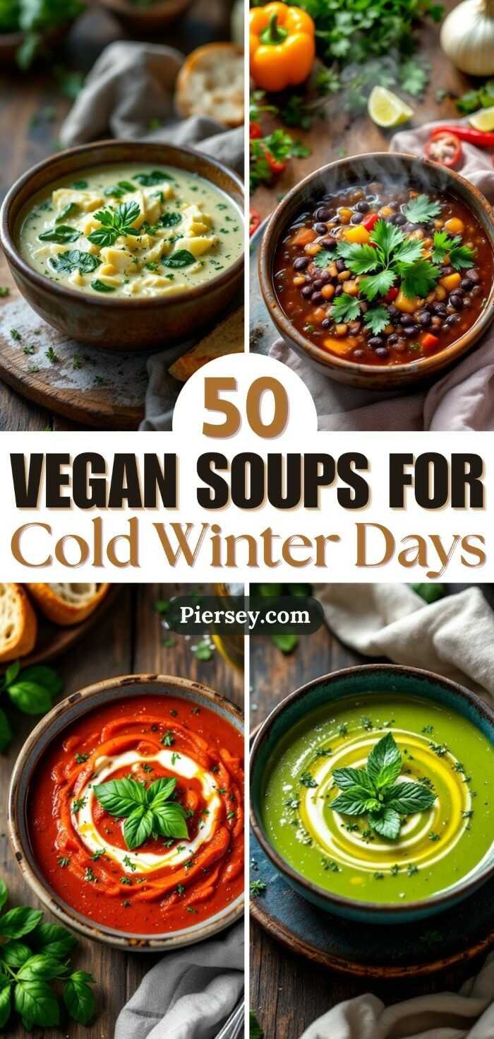 A collage of colorful vegan soups with herbs, showcasing creamy, bean, tomato, and green soups. Text reads "50 Vegan Soups for Cold Winter Days."