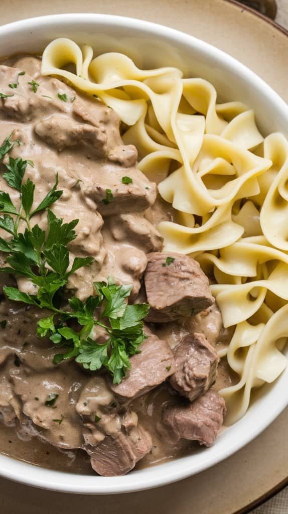 A bowl of creamy beef stroganoff with tender meat and sauce, garnished with parsley, alongside twirled egg noodles. Warm, comforting feel.