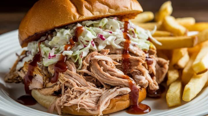 A pulled pork sandwich topped with creamy coleslaw and drizzled with barbecue sauce on a brioche bun, served with golden French fries on a white plate.