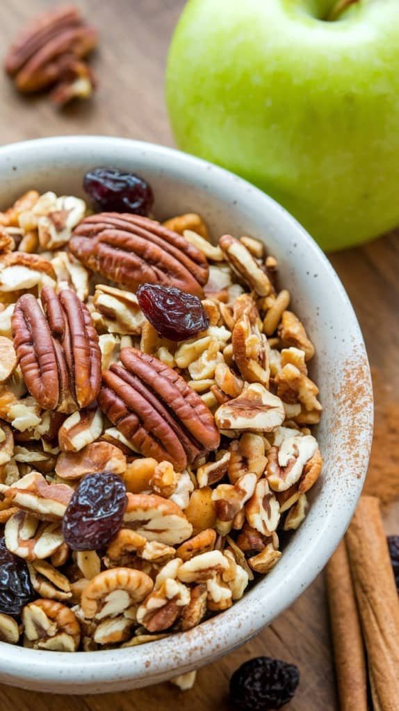 Homemade apple cinnamon granola with nuts and dried fruits.