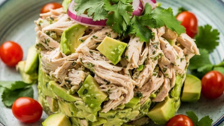 A vibrant salad with shredded chicken and avocado cubes, garnished with red onion, cherry tomatoes, and cilantro on a green plate, conveying freshness.