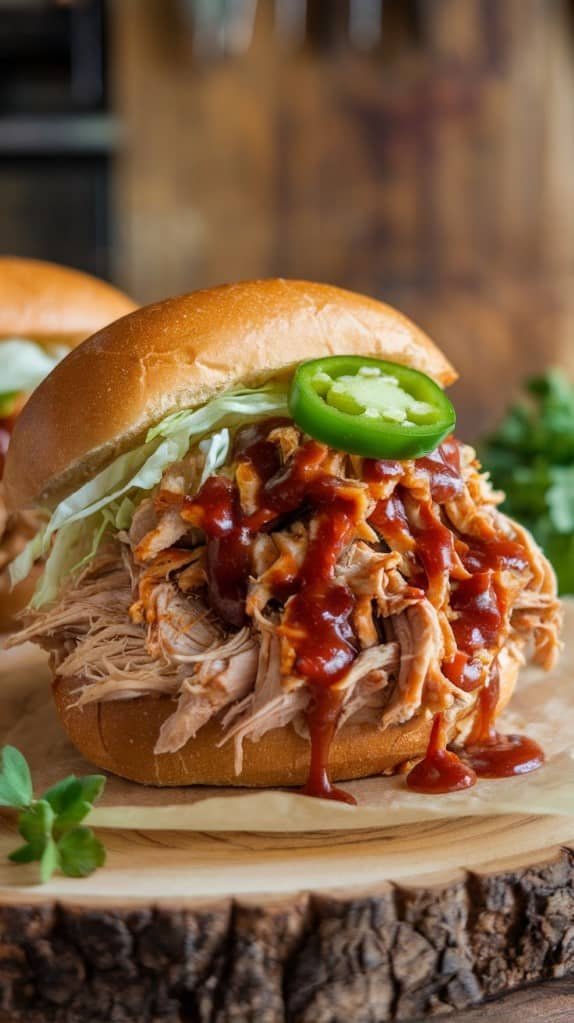 A pulled pork sandwich with barbecue sauce, topped with lettuce and a jalapeño slice, sits on a wooden board, conveying a rustic and appetizing feel.