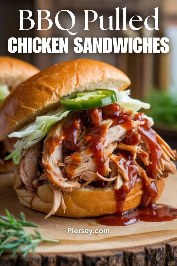 Close-up of a BBQ pulled chicken sandwich with lettuce, jalapeño slices, and sauce on a bun. The tone is appetizing and rustic. Text reads "BBQ Pulled Chicken Sandwiches."