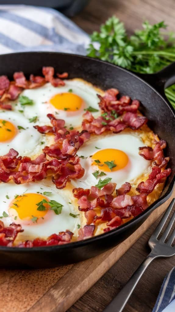 A cast-iron skillet with sunny-side-up eggs surrounded by crispy bacon, garnished with parsley. A rustic wooden table and herbs in the background.
