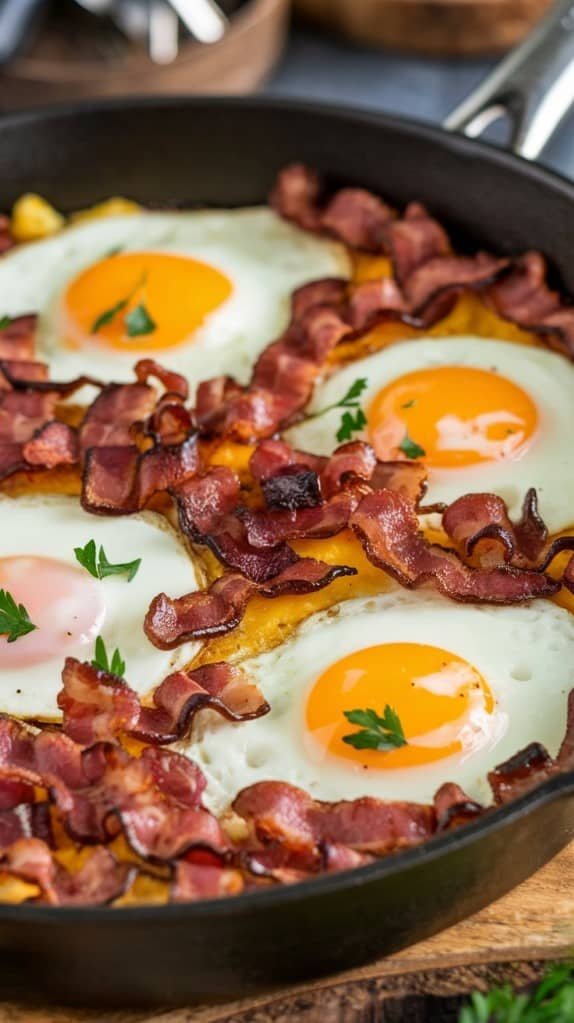 A skillet with crispy bacon and sunny-side-up eggs garnished with parsley. The warm, inviting colors evoke a hearty breakfast atmosphere.