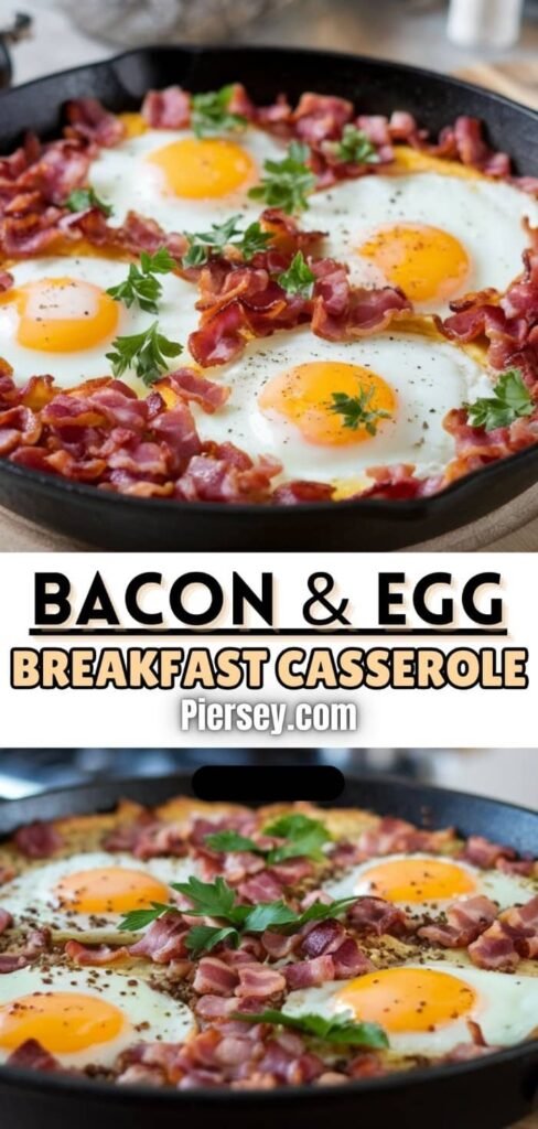 A skillet with sunny-side-up eggs, crispy bacon, and fresh parsley. The text reads "Bacon & Egg Breakfast Casserole," with a rustic, inviting tone.