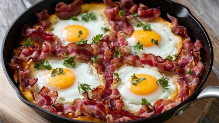 A black skillet filled with four sunny-side-up eggs topped with fresh parsley, surrounded by crispy bacon. The scene conveys a warm, appetizing breakfast setting.