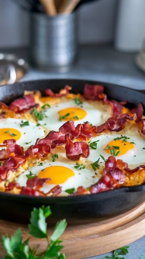A skillet with sunny-side-up eggs, crispy bacon, and fresh herbs, creating a hearty and inviting breakfast dish. The setting is casual and homey.
