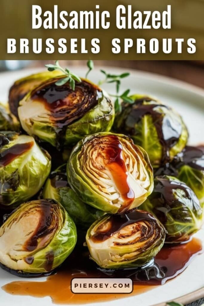 Close-up of roasted Brussels sprouts drizzled with glossy balsamic glaze, garnished with fresh herbs, creating an appetizing and flavorful presentation.