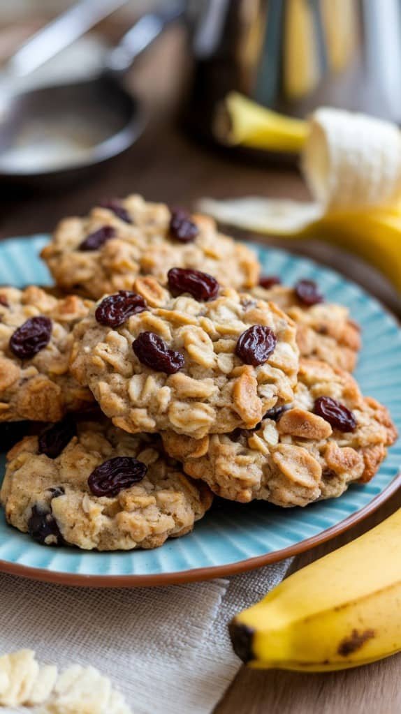 A plate of homemade oatmeal cookies with raisins is stacked on a blue dish. In the background, a peeled banana is partially visible, adding a cozy kitchen feel.